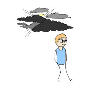 une personne peu couverte sous un ciel nuageux